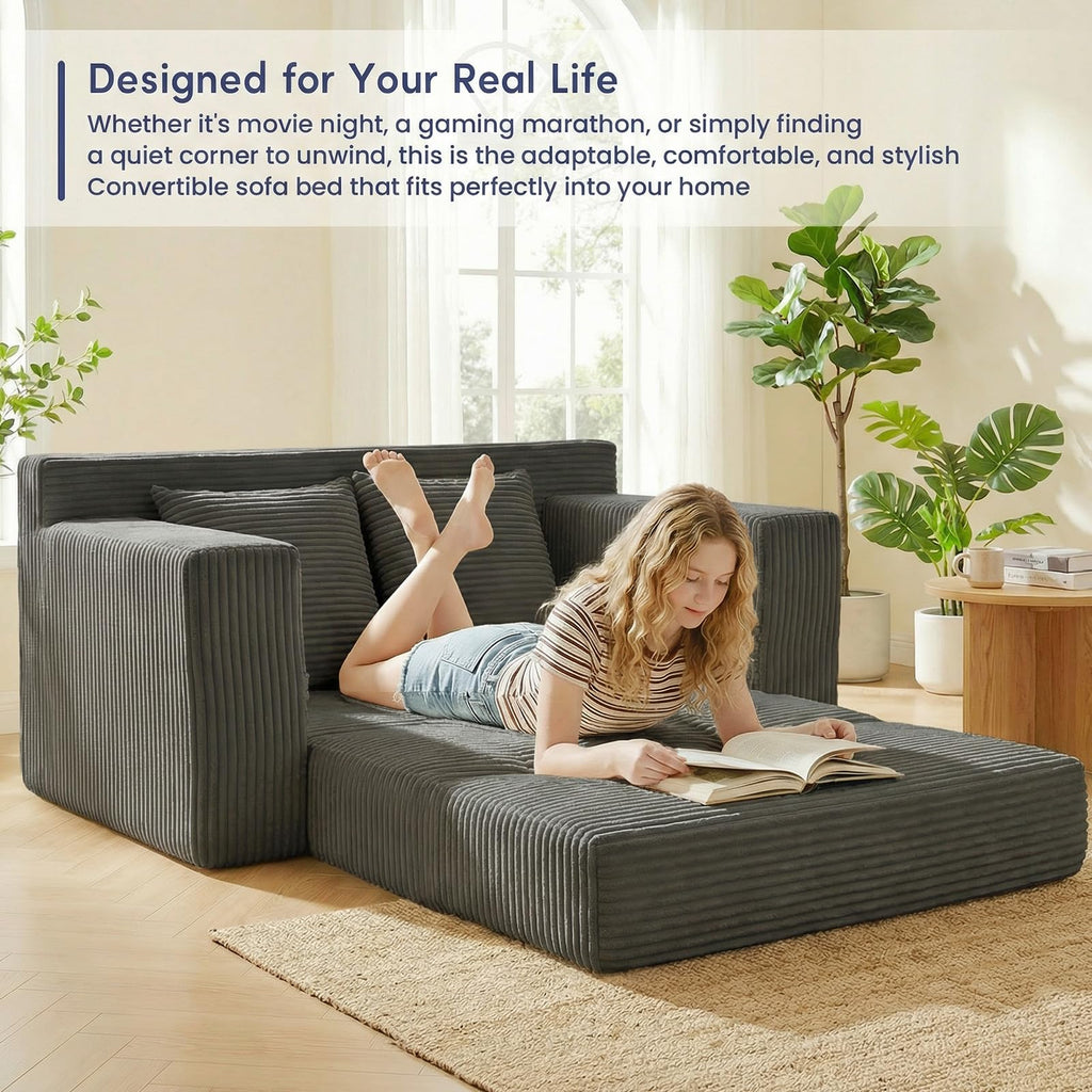 cidludto Convertible Sofa Bed, 3 in 1 Loveseat Folding Couch Bed Foldable - Chaise Lounge Chair & Floor Futon Sofa, Corduroy Pull Out Sofa Bed with 4 Pillows for Living Room, Beige
