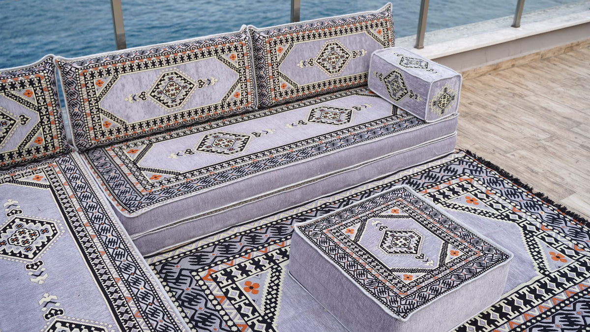 Gray L Shaped Pallet Cushions, Arabic Floor Sofa Set, Oriental Floor Seating, Sectional Floor Cushion, Indoor Floor Pillows, Arabic Majlis Set, Sofa Bed (U Sofa + Rug + Ottoman, 8'' Thickness (20 cm))