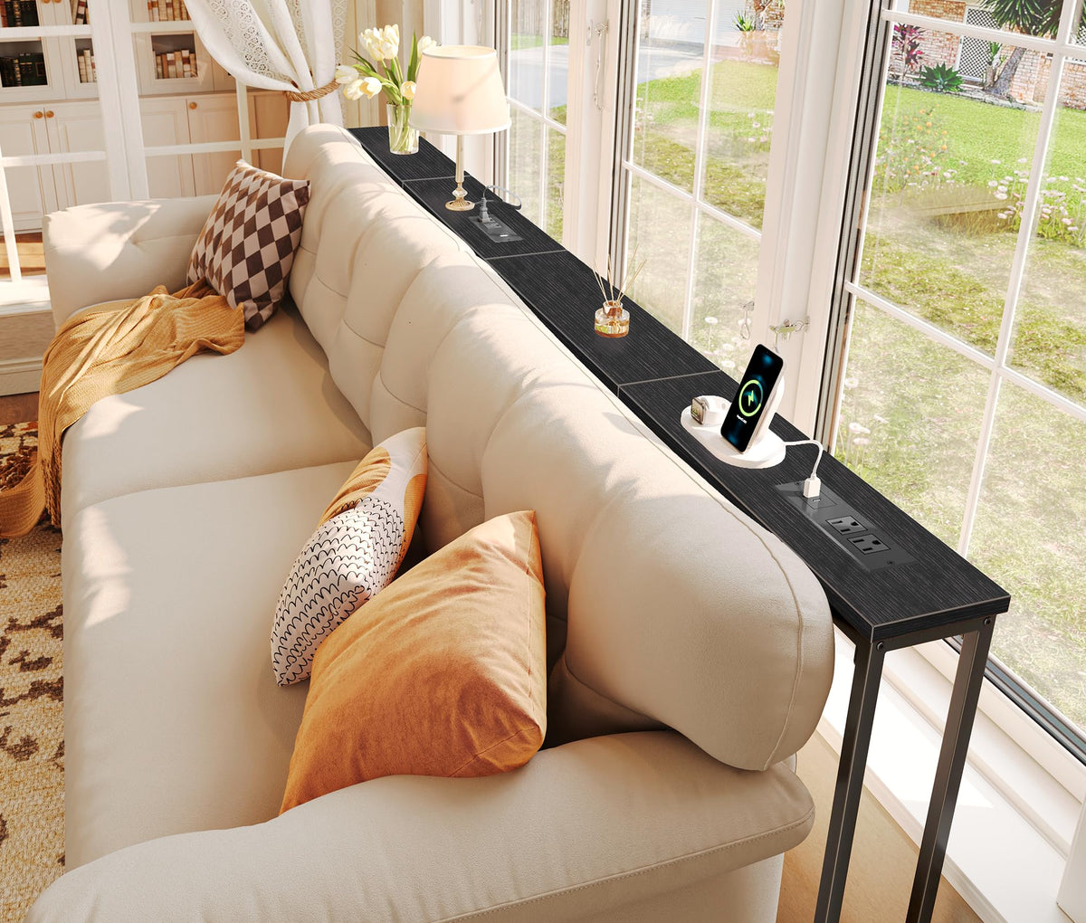 SUPERJARE 110.2 inch Narrow Behind Couch Table with Charging Stations