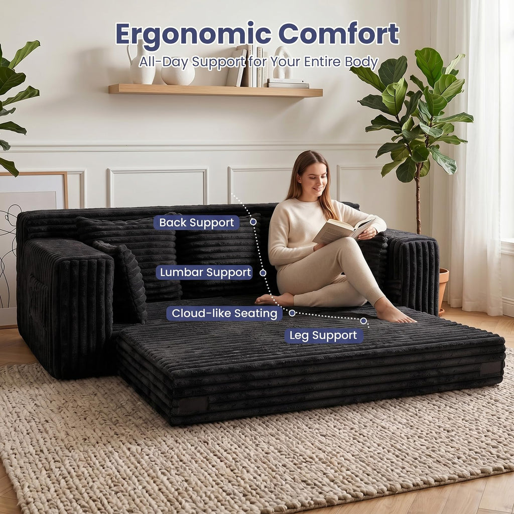 3-in-1 Convertible Sofa Bed: Boneless Loveseat Sleeper & Folding Couch Bed with 4 Pillows & Detachable Cushion, Furry Futon Couch for Bedroom, Apartment, Office and Living Room, No Assembly, Orange