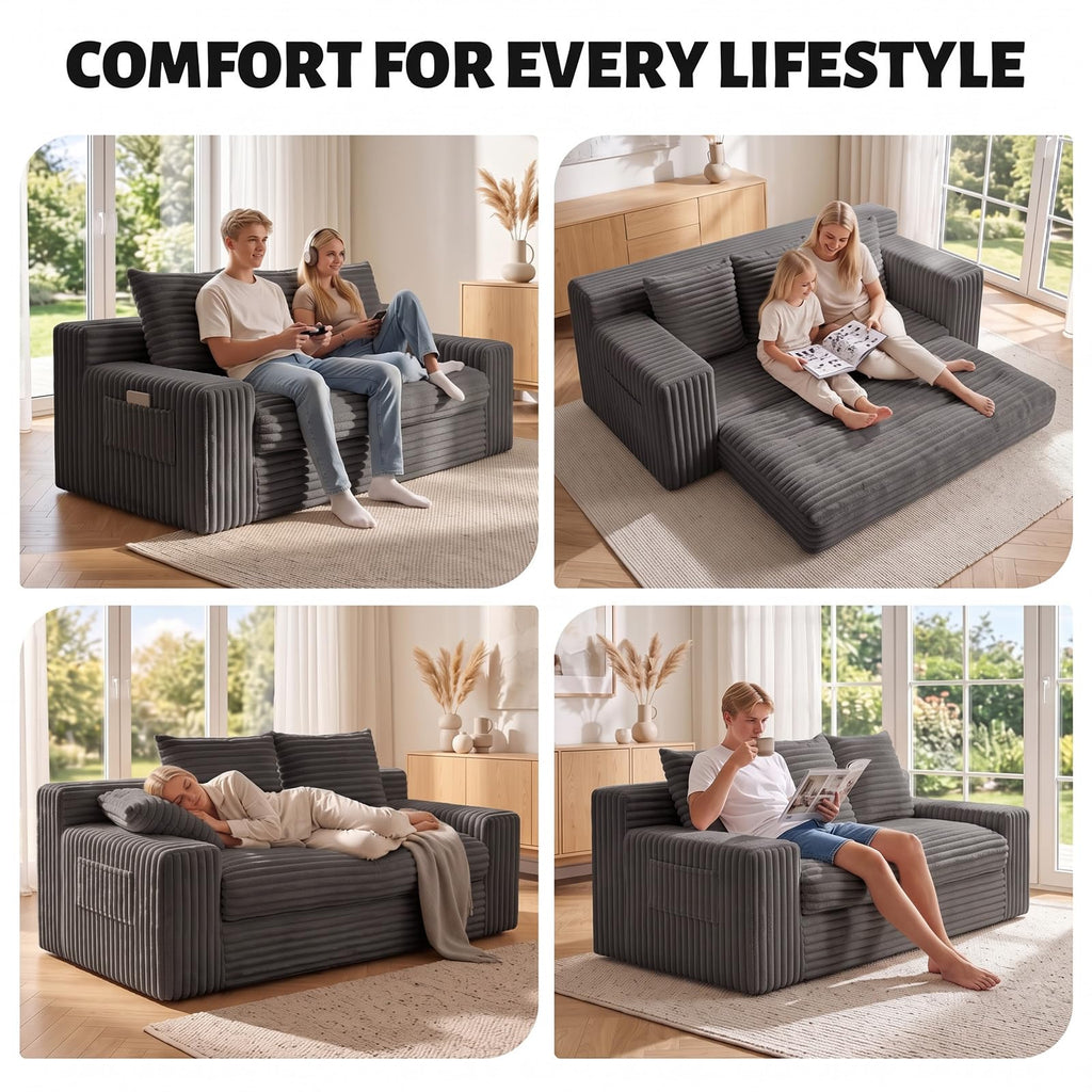 Small Boneless Couch, Boneless Loveseat Convertible Sofa Bed Sleeper Sofa Couch Bed with 2 Pillows, Corduroy Folding Floor Futon Foldable Boneless Couch for Living Room, Guest Room, Small Space, Black