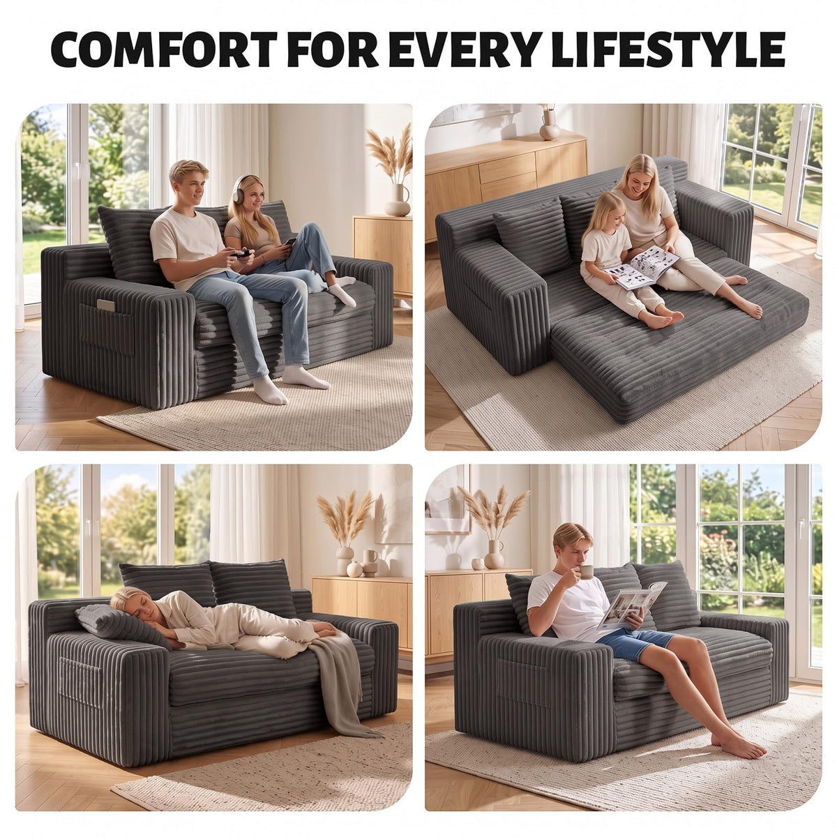 Small Boneless Couch, Boneless Loveseat Convertible Sofa Bed Sleeper Sofa Couch Bed with 2 Pillows, Corduroy Folding Floor Futon Foldable Boneless Couch for Living Room, Guest Room, Small Space, Black