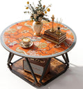 31.5" Round Coffee Table with Orange Table Mat, 2-Tier Circle Center Table