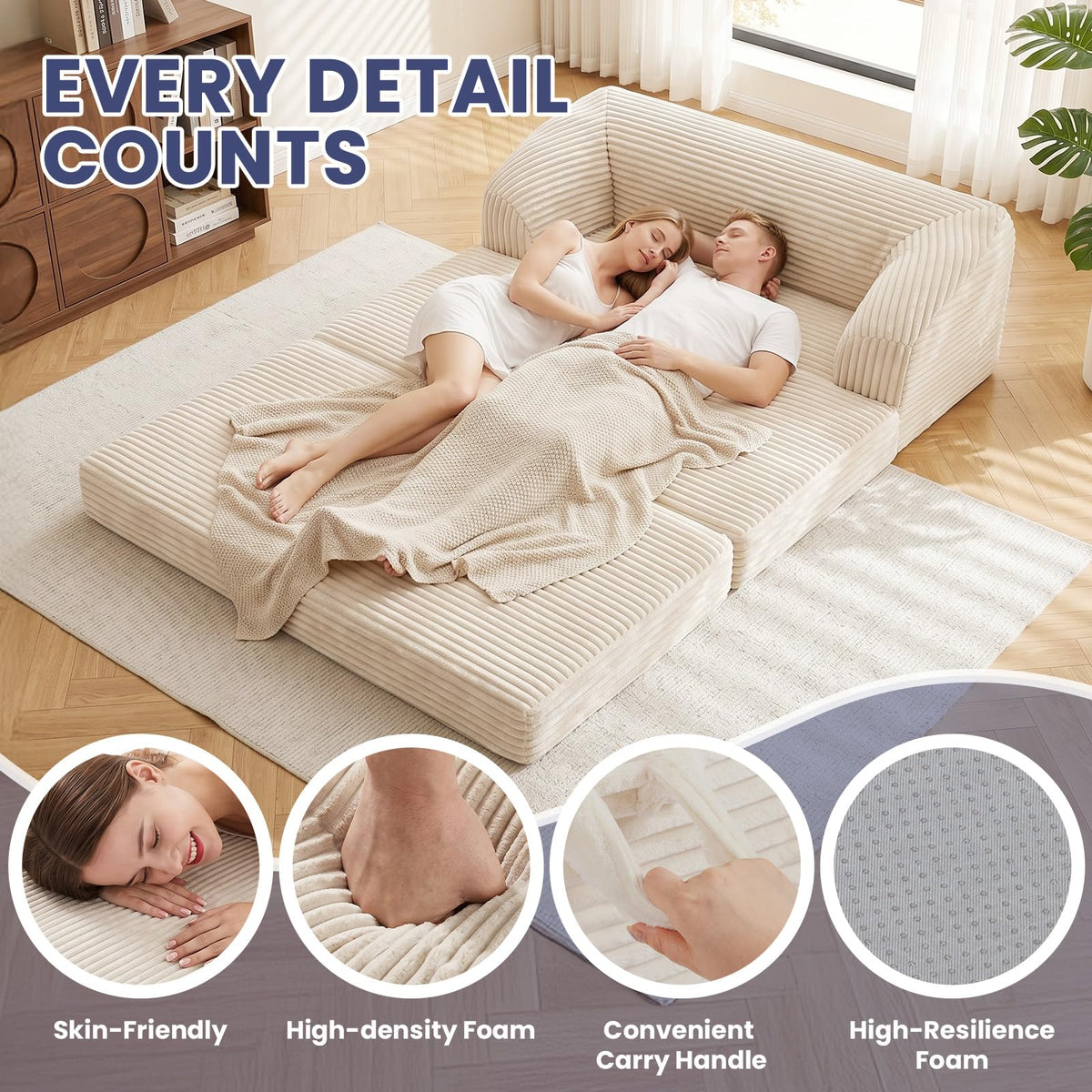 JUIKURY Convertible Sofa Bed, 3-in-1 Foldable Loveseat Couch with Armrest, Corduroy Floor Sofa & Sleeper Bed, No Assembly High-Density Foam Futon Mattress for Living Room, Small Apartment, Dorm