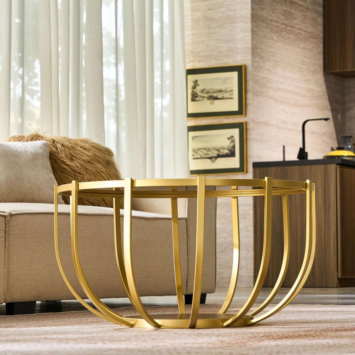 Saint Mossi Gold Round Coffee Table with Clear Glass Top and Glass Shelf