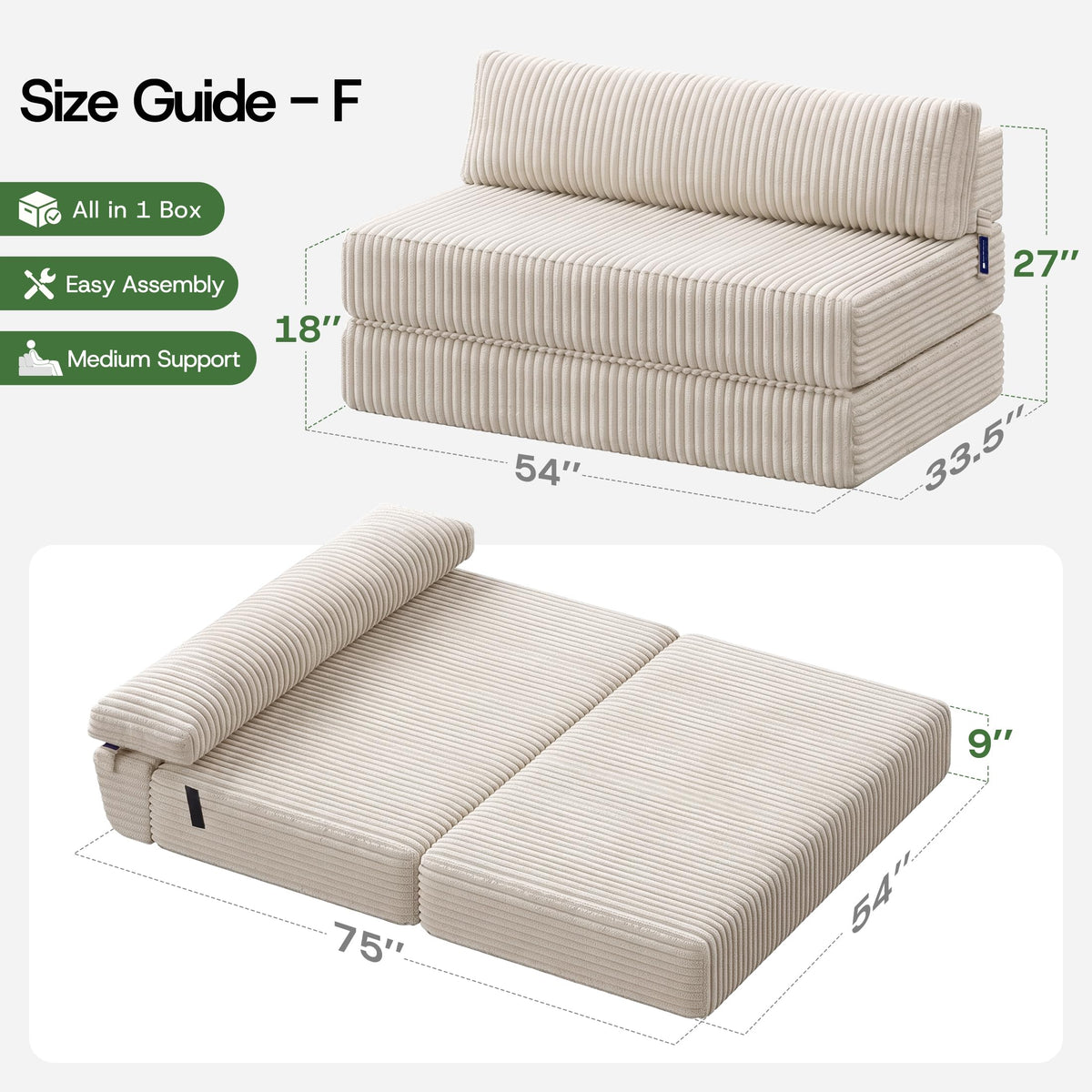 Folding Sofa Bed Convertible 4 in 1 Sleeper Chair Black Single