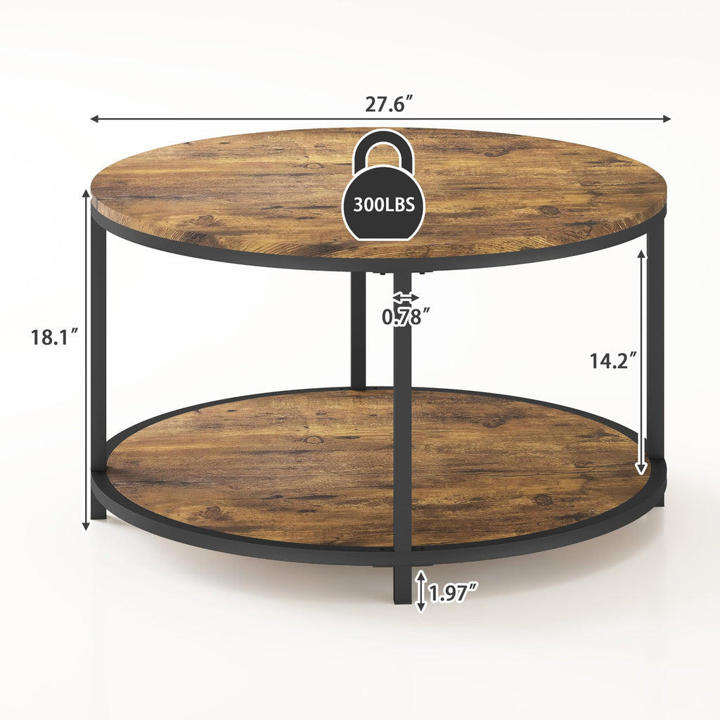 NSdirect Round Coffee Table,36" Coffee Table for Living Room,2-Tier Rustic Wood Desktop with Storage Shelf Modern Design Home Furniture(Light Walnut)