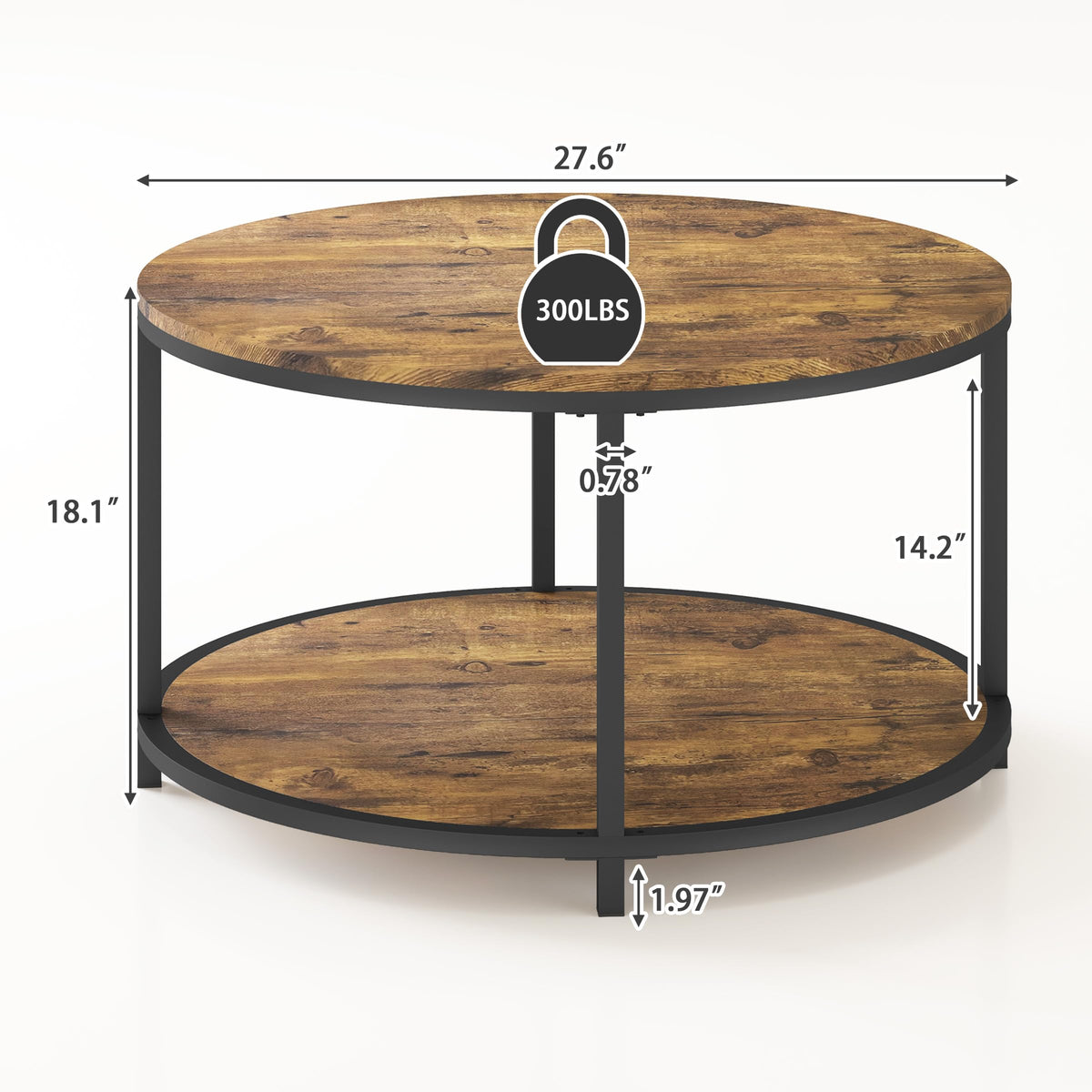 NSdirect Round Coffee Table,36" Coffee Table for Living Room,2-Tier Rustic Wood Desktop with Storage Shelf Modern Design Home Furniture(Light Walnut)