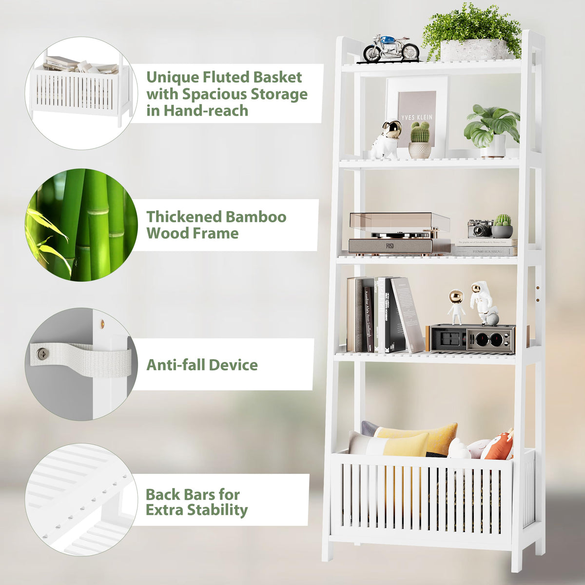 Bamjoy Bamboo Ladder Shelf, Bookshelf with 4 Display Shelves and 1 Open Storage Basket, Multifunctional Storage Rack Organizer for Home Office, Bedroom, Living Room, 66â H Natural