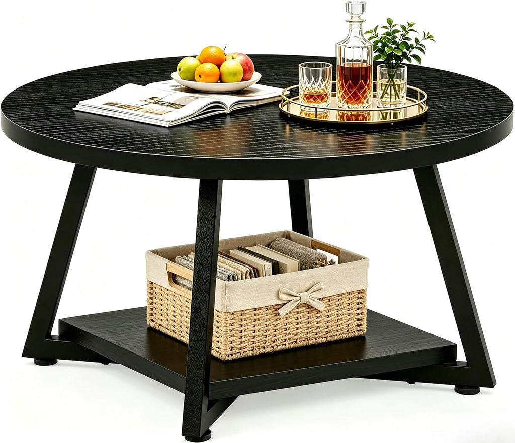 Coffee Tables for Living Room, 27.6" Round Coffee Table, Black Coffee Table