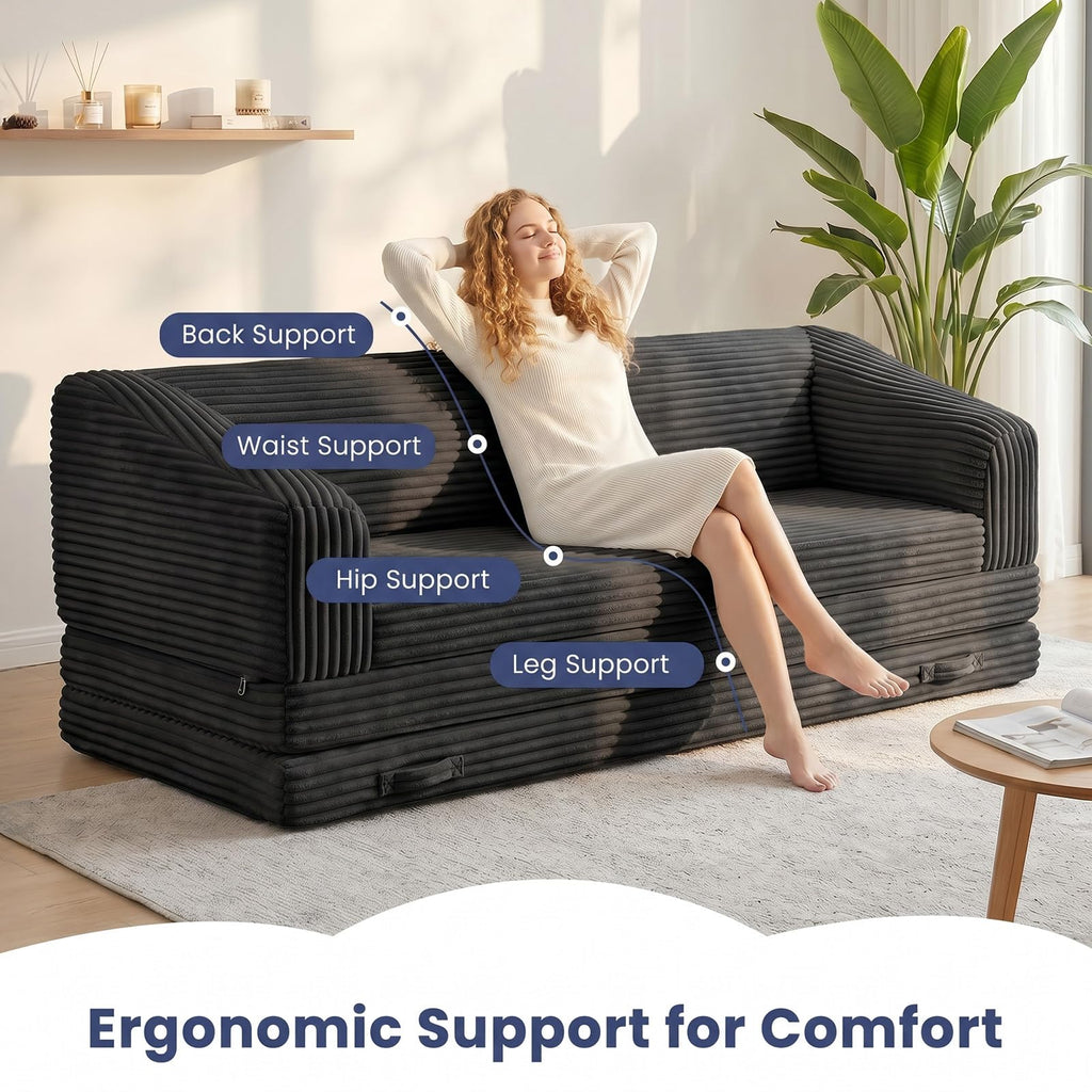 Convertible Folding Sofa Bed, 2-in-1 Single Boneless Sofa with Soft Corduroy & Ultra-Thick Backrest, Foldable Boneless Chair Lounger Sleeper Sofa for Small Apartment, Living Room, Home Office