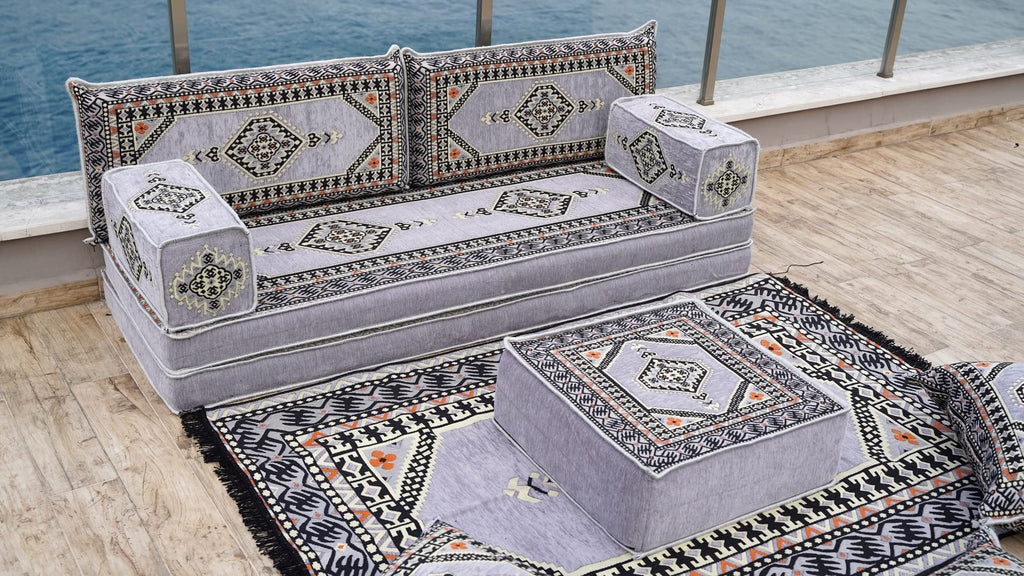 Gray L Shaped Pallet Cushions, Arabic Floor Sofa Set, Oriental Floor Seating, Sectional Floor Cushion, Indoor Floor Pillows, Arabic Majlis Set, Sofa Bed (U Sofa + Rug + Ottoman, 8'' Thickness (20 cm))