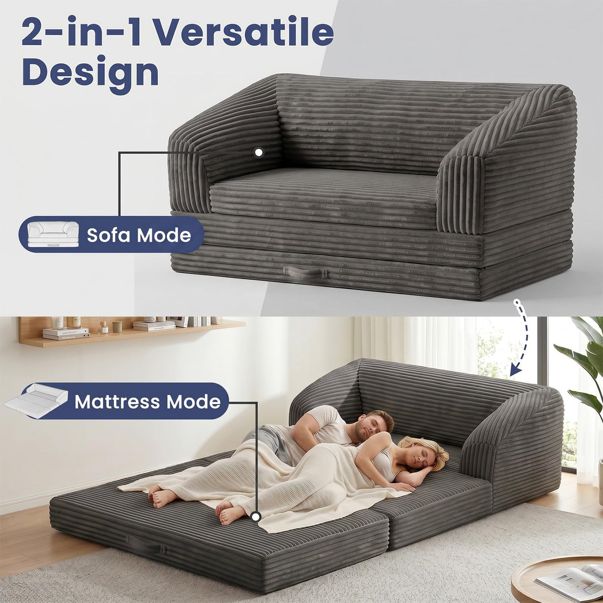 Convertible Folding Sofa Bed, 2-in-1 Single Boneless Sofa with Soft Corduroy & Ultra-Thick Backrest, Foldable Boneless Chair Lounger Sleeper Sofa for Small Apartment, Living Room, Home Office