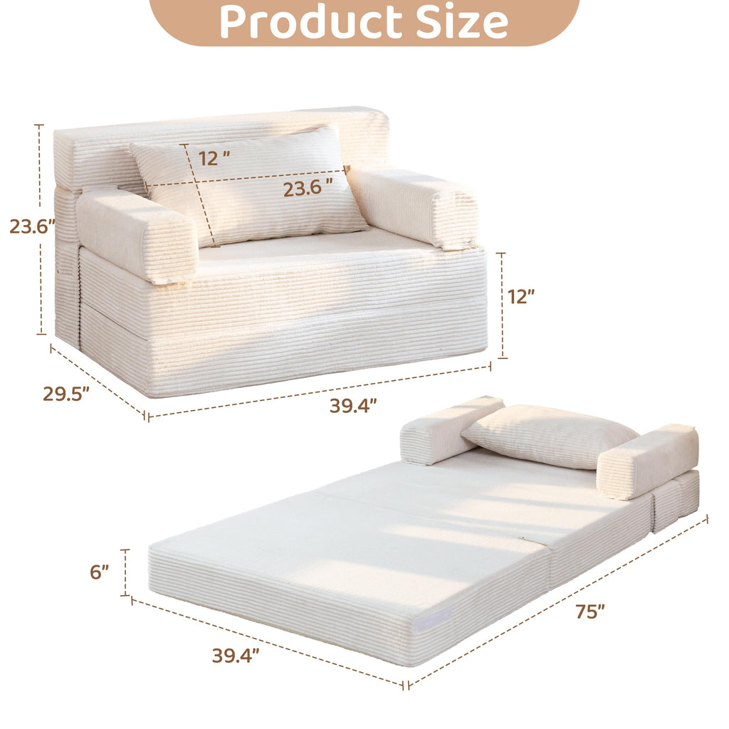 BYBYME Convertible Sofa Bed, 6â Thick 3-Folding Floor Sofa, 53â Loveseat