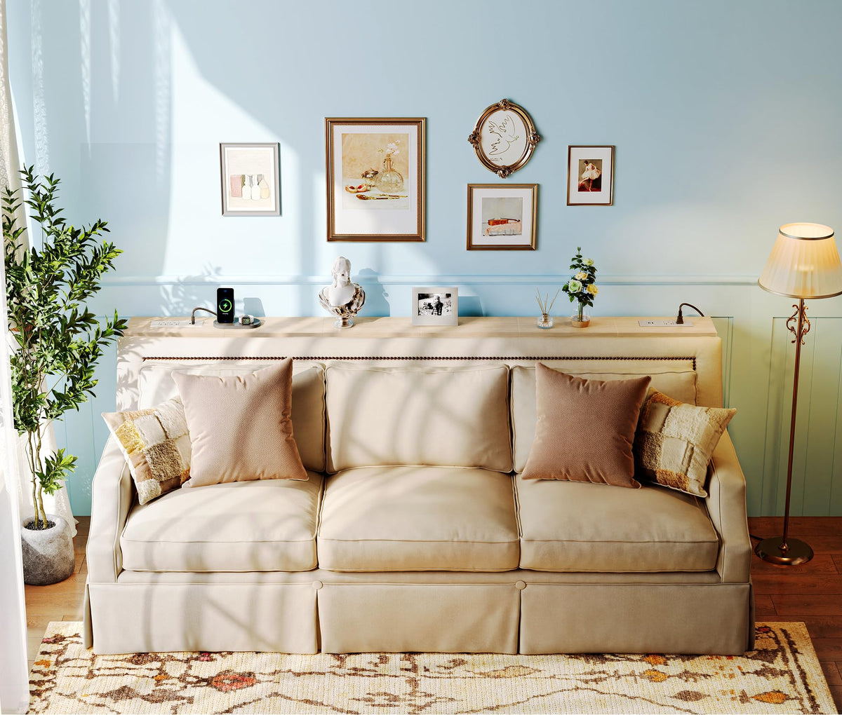 SUPERJARE 110.2 inch Narrow Behind Couch Table with Charging Stations