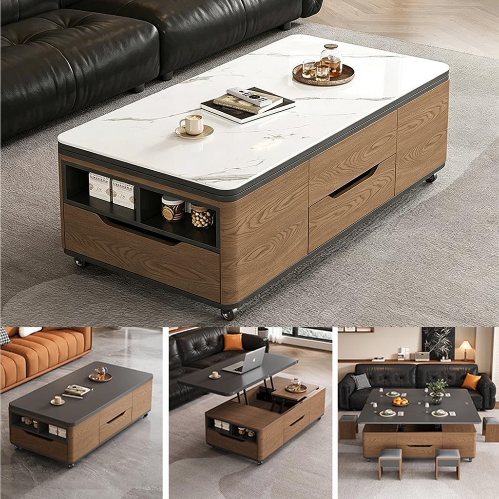 3âinâ1 LiftâTop CoffeeâTable with Storage Drawers & Rolling Casters