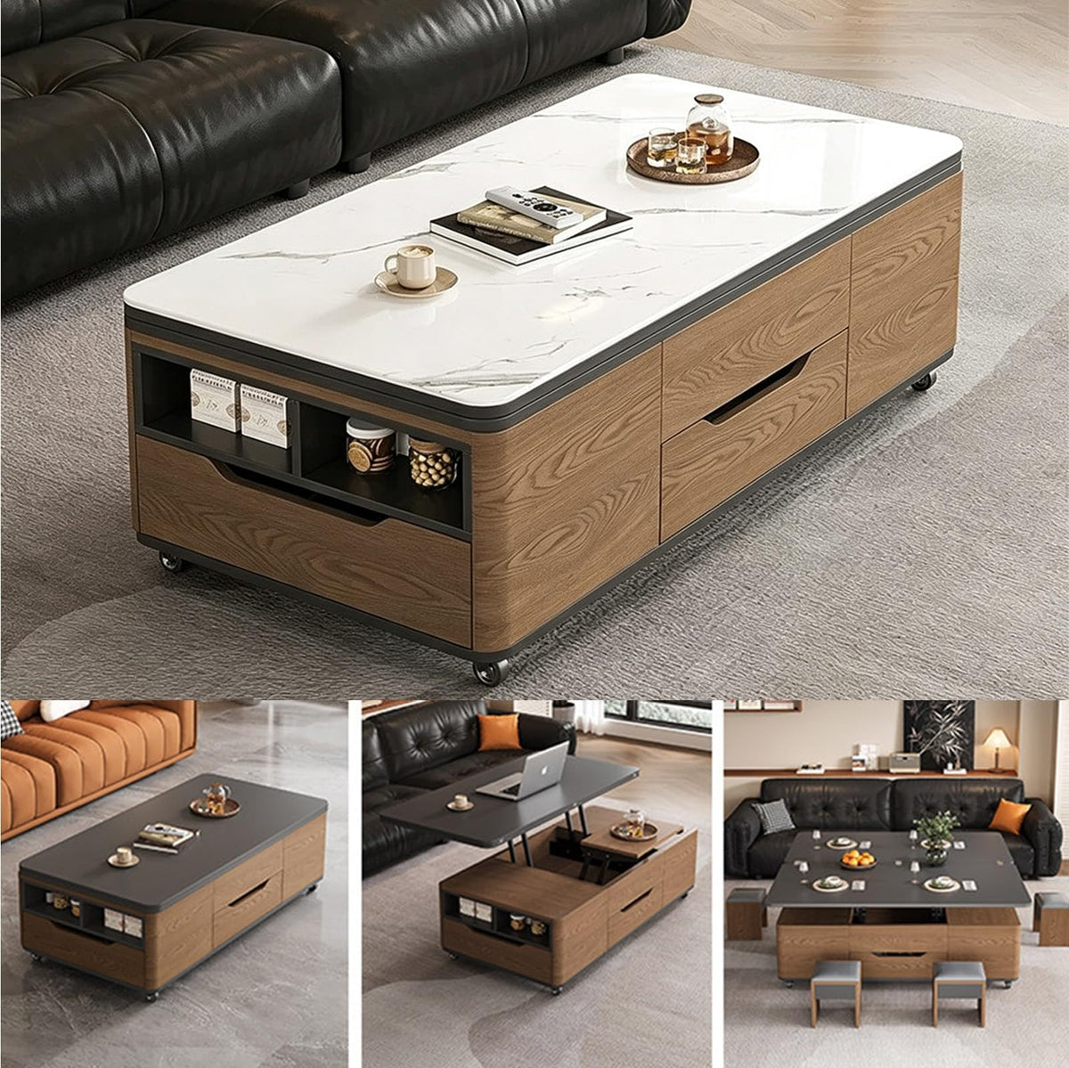 3âinâ1 LiftâTop CoffeeâTable with Storage Drawers & Rolling Casters