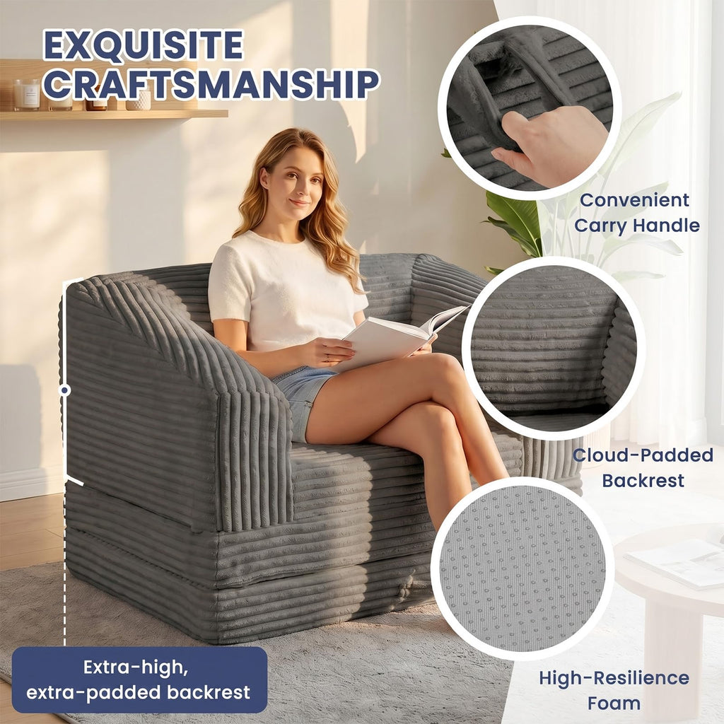 Convertible Folding Sofa Bed, 2-in-1 Single Boneless Sofa with Soft Corduroy & Ultra-Thick Backrest, Foldable Boneless Chair Lounger Sleeper Sofa for Small Apartment, Living Room, Home Office
