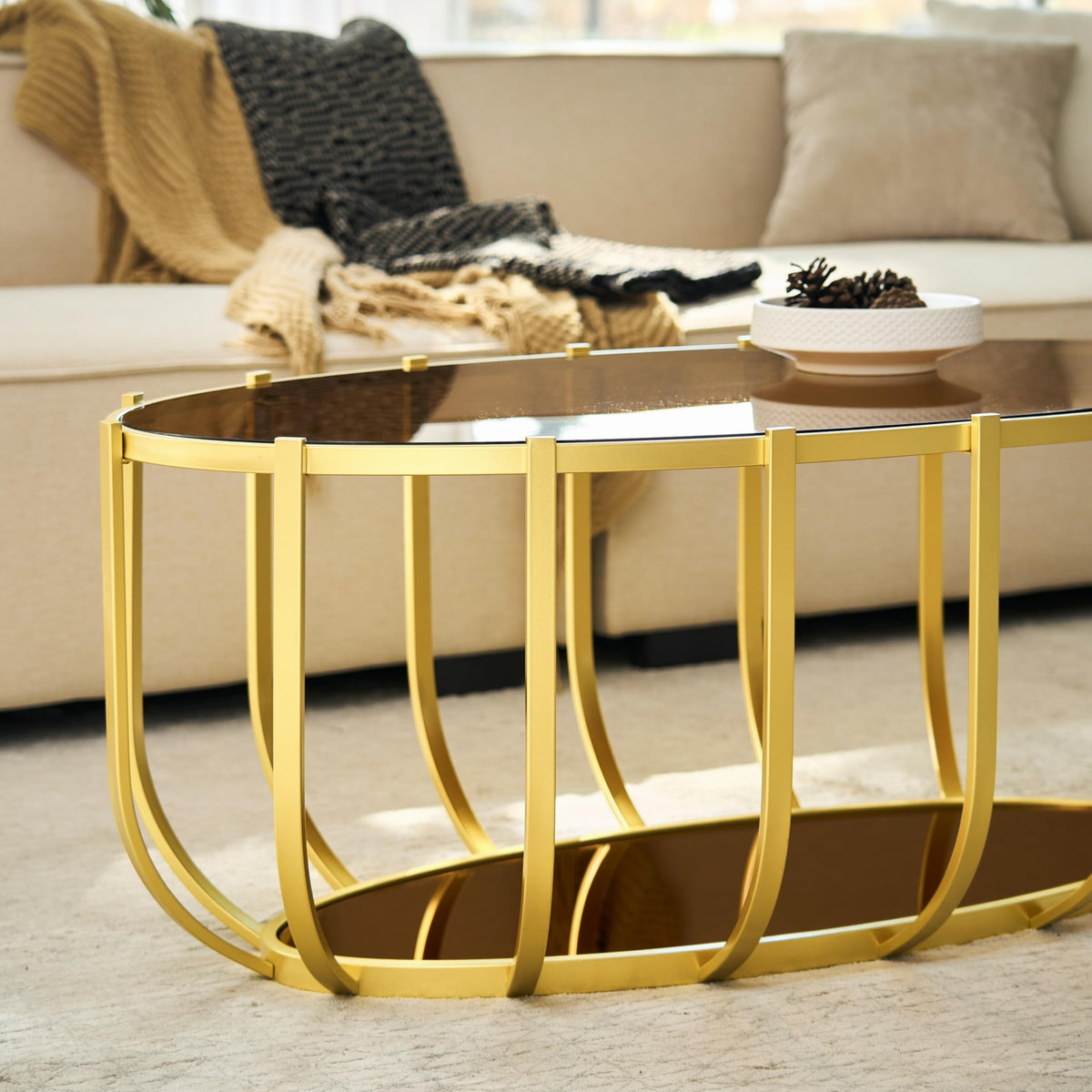 Saint Mossi Gold Round Coffee Table with Clear Glass Top and Glass Shelf
