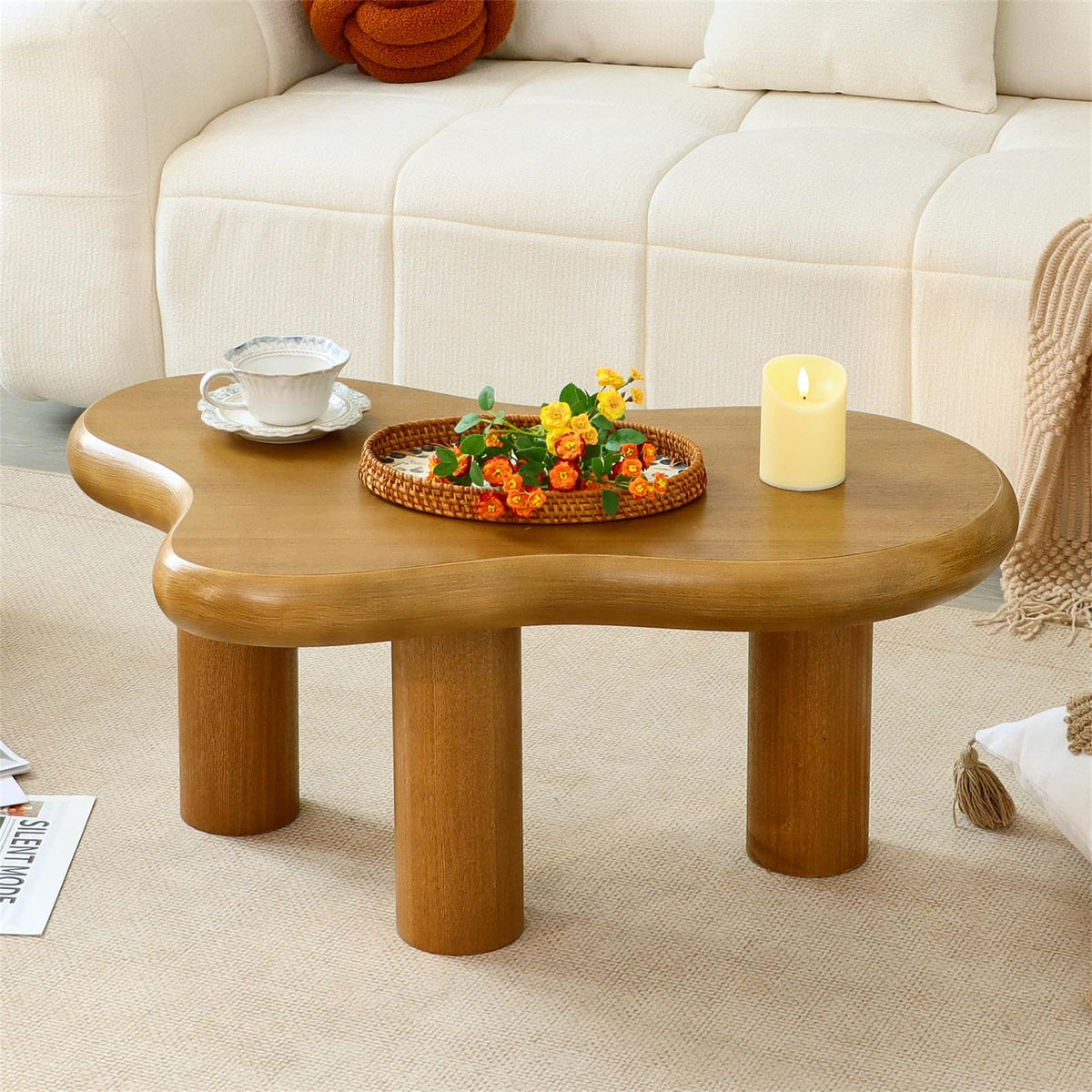 34"(L) Cloud Coffee Table, Modern Wood Coffee Table for Living Room, Accent Center Tables with 3 Legs, Small Tea Tables for Balcony, Patio, Bedroom, Cream White