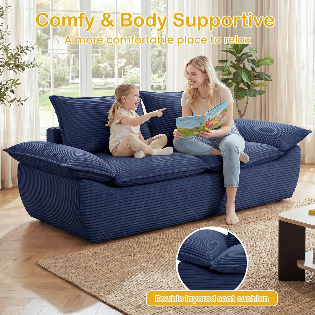 56" Boneless Loveseat, 2-Seater Black Boneless Sofa with Removable Cushions & 2 Pillows, Small Mini Couch Boneless Foam Sofa for Living Room, Apartments, & Office