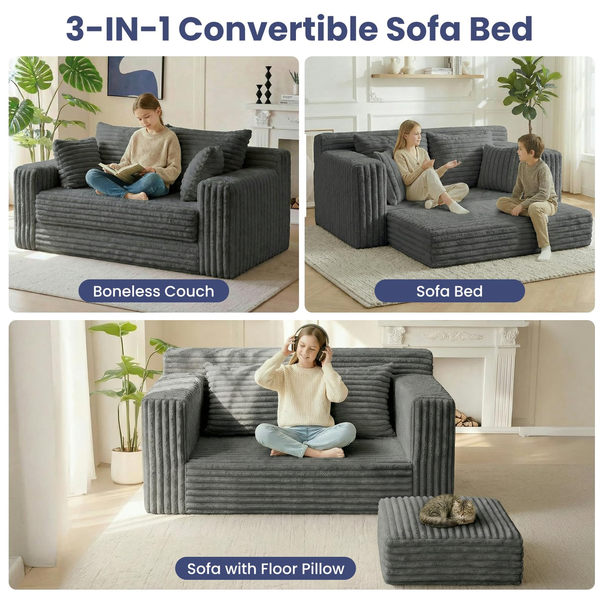 3-in-1 Convertible Sofa Bed: Boneless Loveseat Sleeper & Folding Couch Bed with 4 Pillows & Detachable Cushion, Furry Futon Couch for Bedroom, Apartment, Office and Living Room, No Assembly, Orange