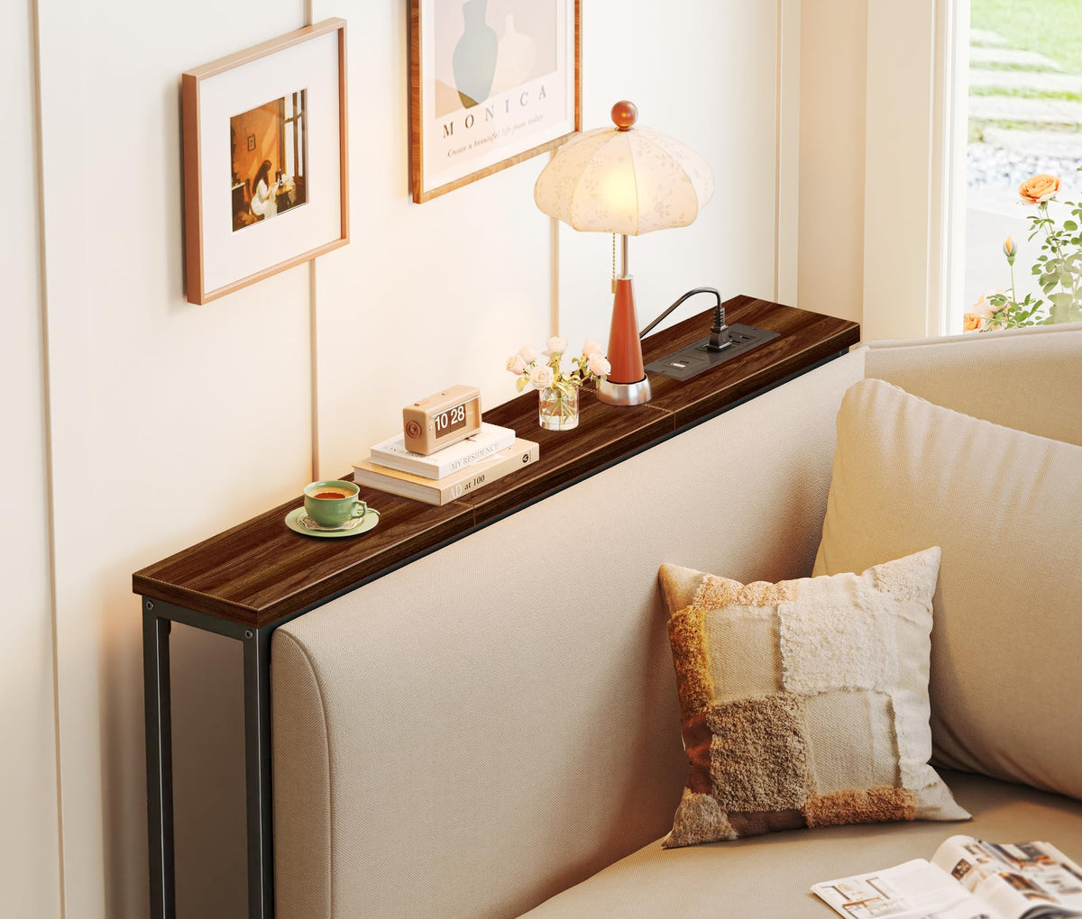 SUPERJARE 110.2 inch Narrow Behind Couch Table with Charging Stations