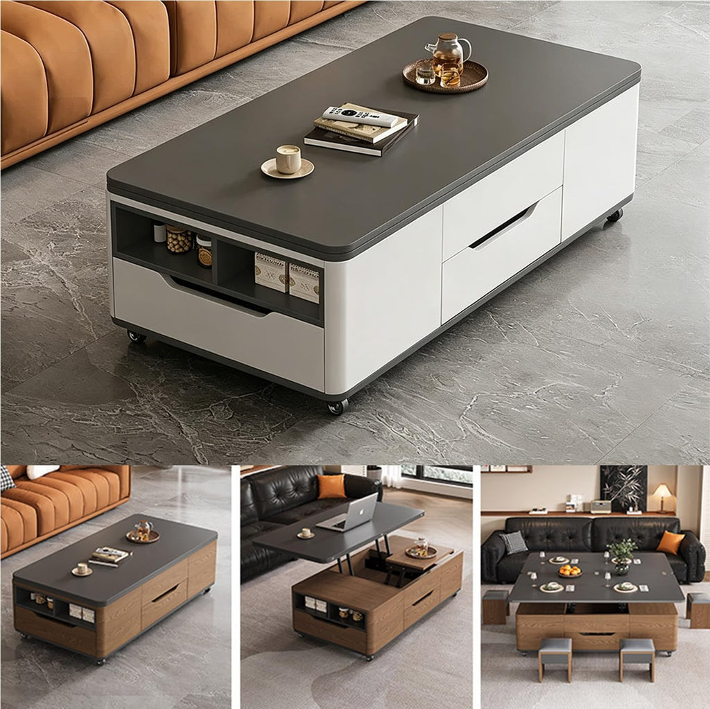 3âinâ1 LiftâTop CoffeeâTable with Storage Drawers & Rolling Casters