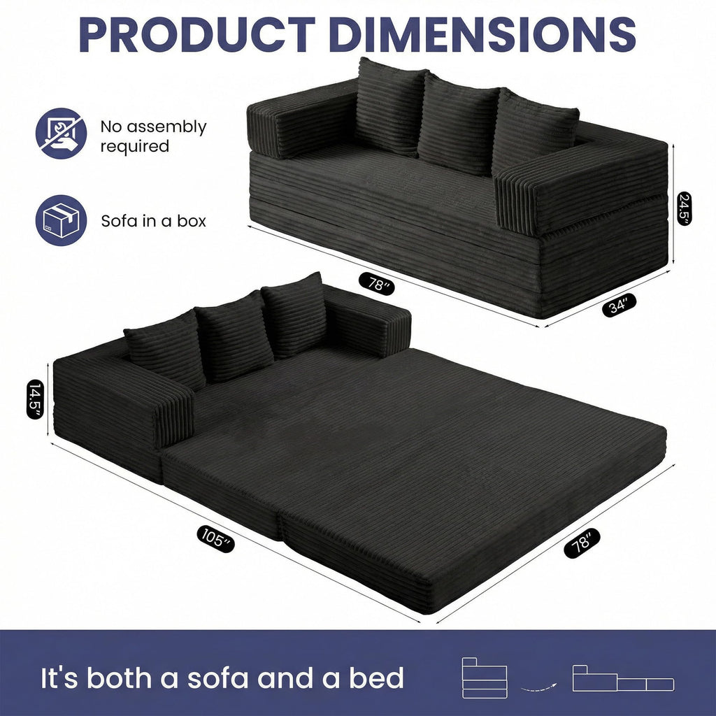 Convertible Sofa Bed, 4-in-1 Boneless Loveseat with Removable Armrests Backrest, Corduroy Futon Couch Bed with Pillow, Foldable Mattress Sleeper Sofa for Living Room Bedroom Small Place (Beige)