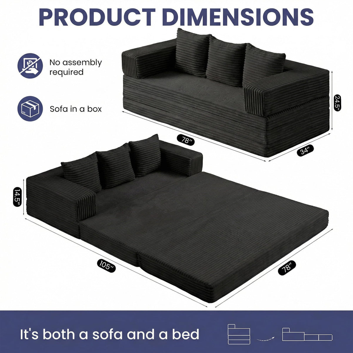 Convertible Sofa Bed, 4-in-1 Boneless Loveseat with Removable Armrests Backrest, Corduroy Futon Couch Bed with Pillow, Foldable Mattress Sleeper Sofa for Living Room Bedroom Small Place (Beige)