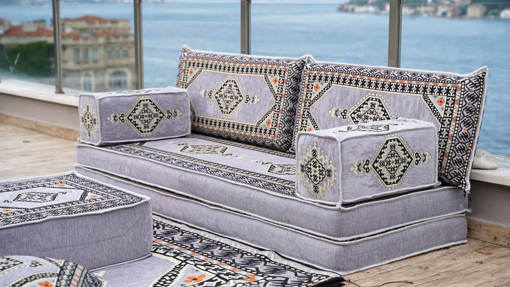 Gray L Shaped Pallet Cushions, Arabic Floor Sofa Set, Oriental Floor Seating, Sectional Floor Cushion, Indoor Floor Pillows, Arabic Majlis Set, Sofa Bed (U Sofa + Rug + Ottoman, 8'' Thickness (20 cm))