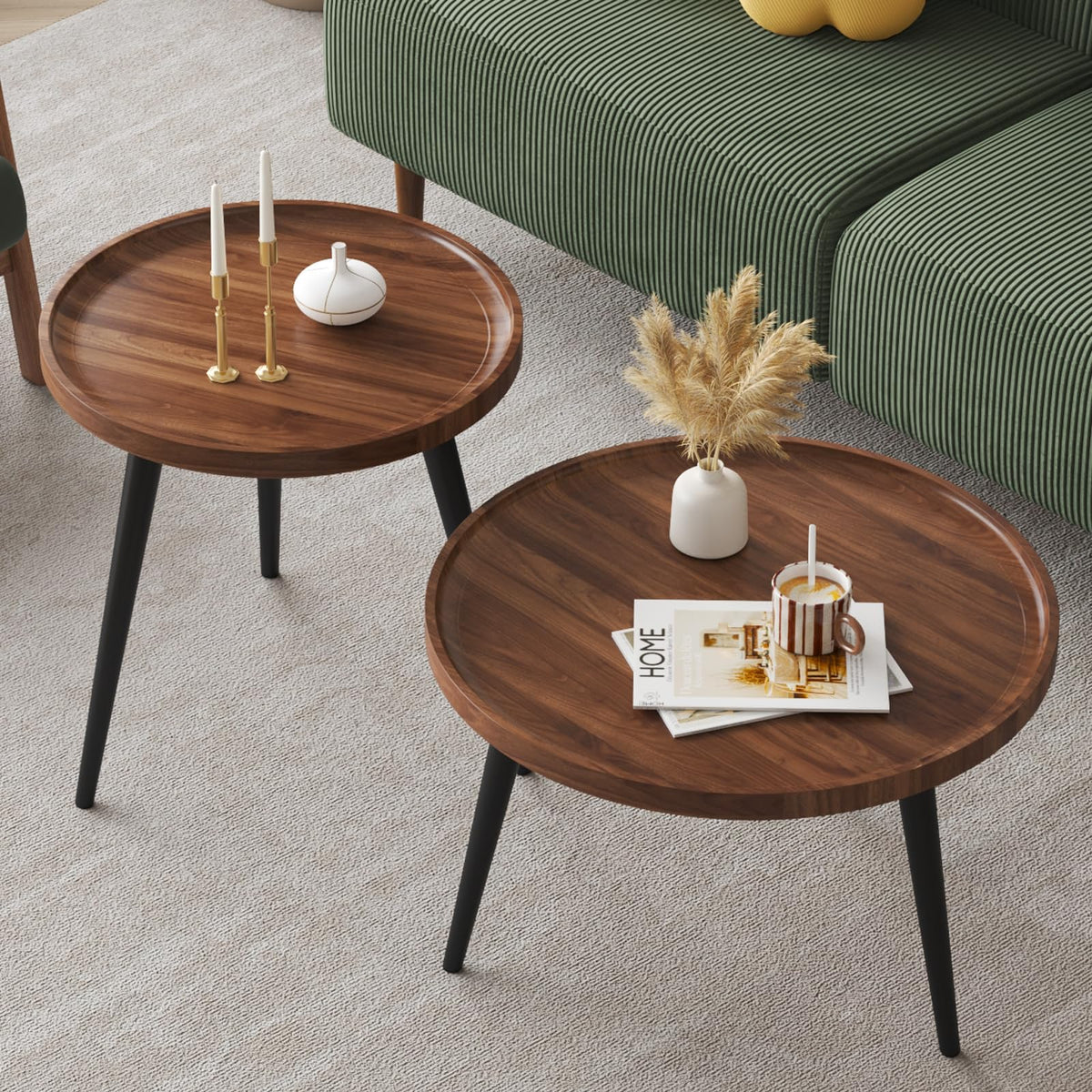 2 Pcs Small Oval Coffee Table,31.5" Retro Walnut Coffee Tables Nesting Tables Set,Easy Assembly Mid Century Modern Coffee Tables for Living Room Office,Coffee Table and End Table Sets
