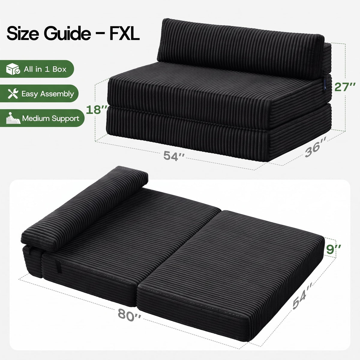 Folding Sofa Bed Convertible 4 in 1 Sleeper Chair Black Single
