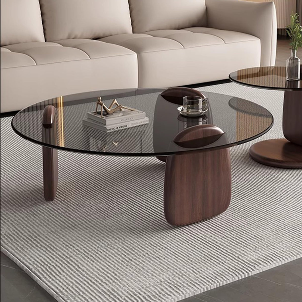 EASYSOUL Modern Round Coffee Table with Glass Top, 27.56" D x 27.56" W x 14.69" H, Circular Tea Tables for Living Room Home Office Industrial Cocktail Tables (Walunt-Clear Glass/27.56")