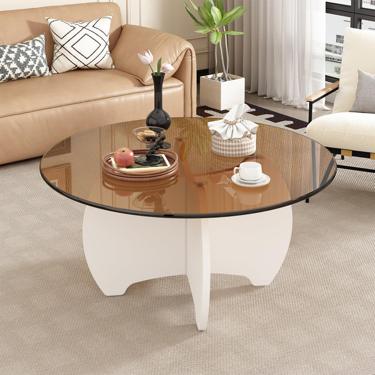 31.5'' Round Coffee Table with Tempered Glass Top, Modern Center Table for Small Spaces - Sturdy Black Board Frame, Simple Design for Living Room, Home, Office - Easy Assembly.