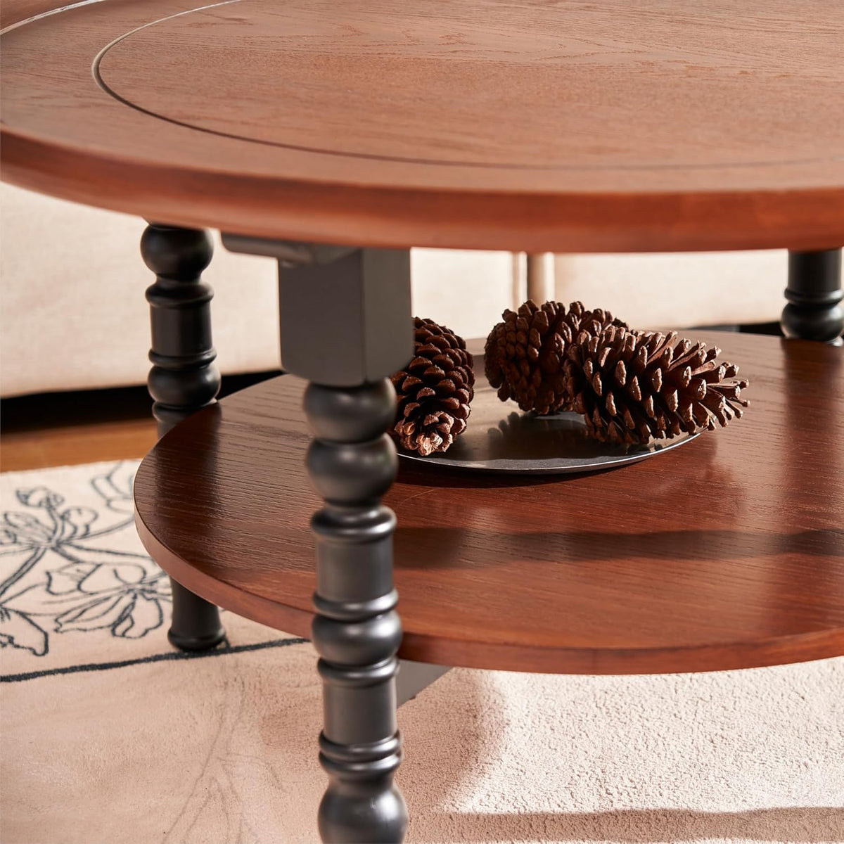 Saint Mossi French Country Coffee Table for Living Room, Mid-Century Modern Round Coffee Table, 2-Tier Wood Center Table, Wanlut Wood Top and French Style Table Legs