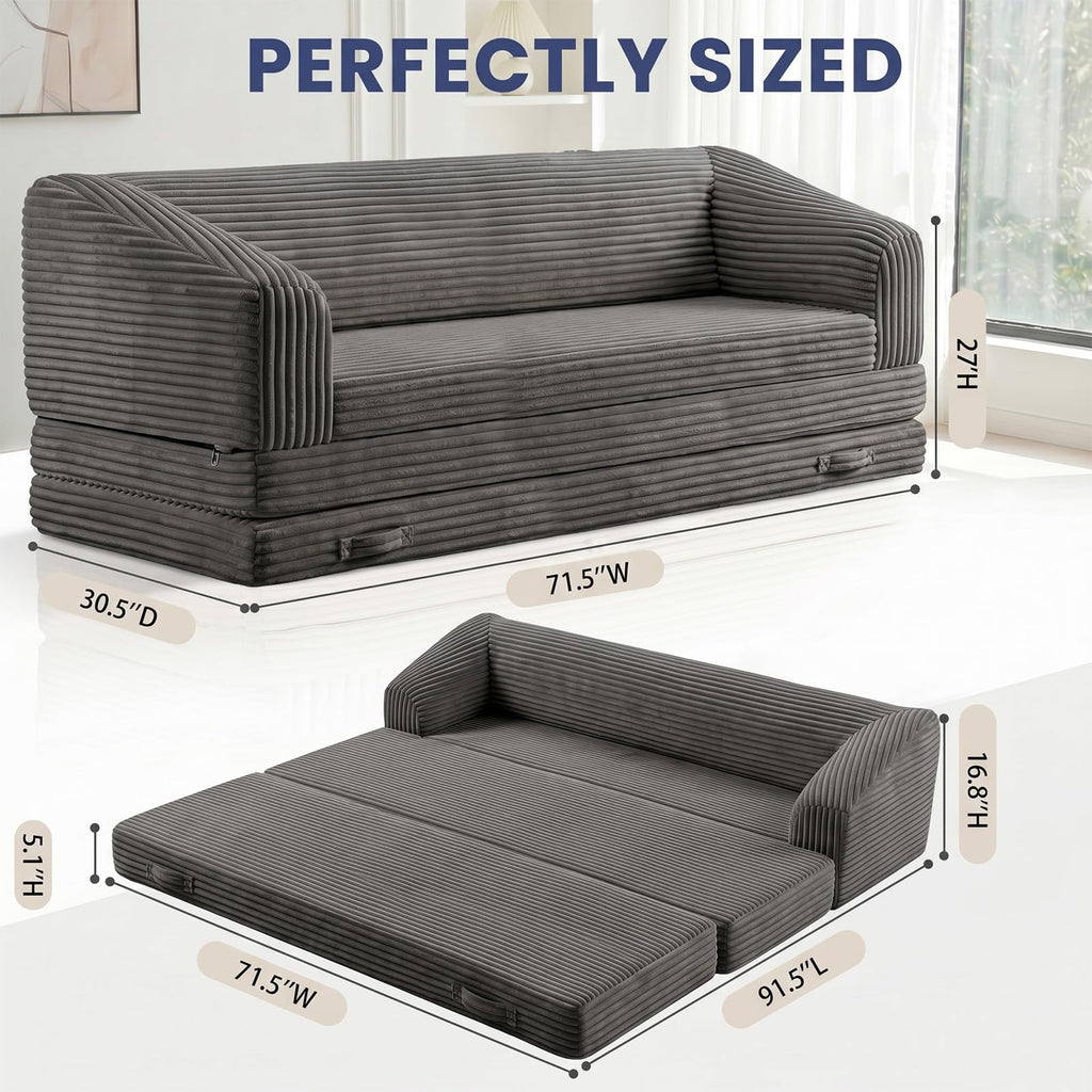 Convertible Folding Sofa Bed, 2-in-1 Single Boneless Sofa with Soft Corduroy & Ultra-Thick Backrest, Foldable Boneless Chair Lounger Sleeper Sofa for Small Apartment, Living Room, Home Office