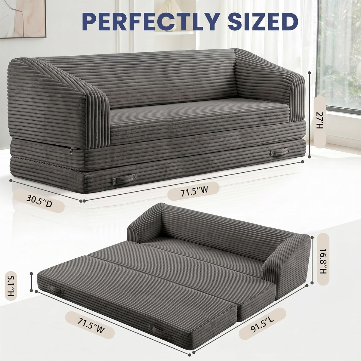 Convertible Folding Sofa Bed, 2-in-1 Single Boneless Sofa with Soft Corduroy & Ultra-Thick Backrest, Foldable Boneless Chair Lounger Sleeper Sofa for Small Apartment, Living Room, Home Office