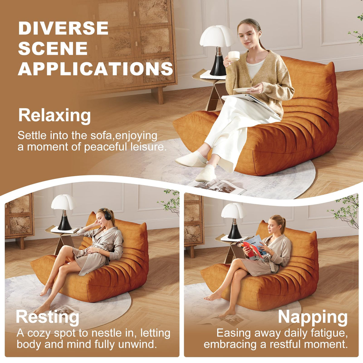 Full Foam 3-Seater Sofa, Bean Bag Floor Couch for Adults, Waterproof Fabric