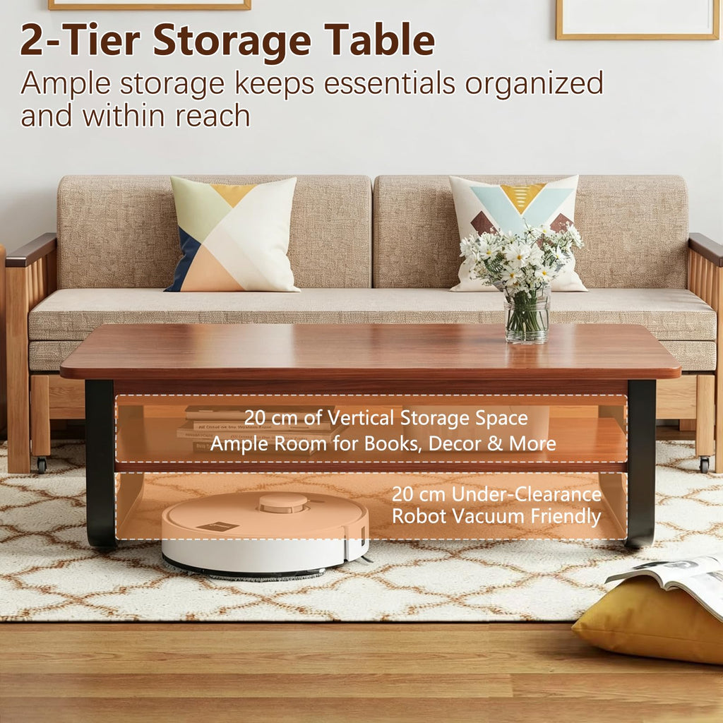 Coffee Table for Living Room with 2-Tier Storage Shelf, 39 inch Rectangular Wooden Center Table, Large Industrial Coffee Tables with Metal Leg & Rounded Corners for Home Office(Black)