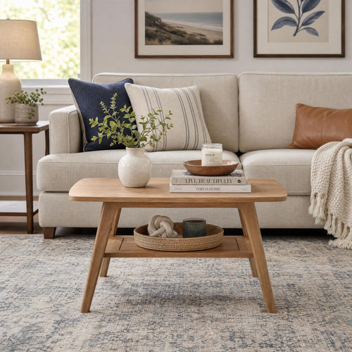 100% Solid Oak Coffee Table with Storage Shelf, 31.49" W