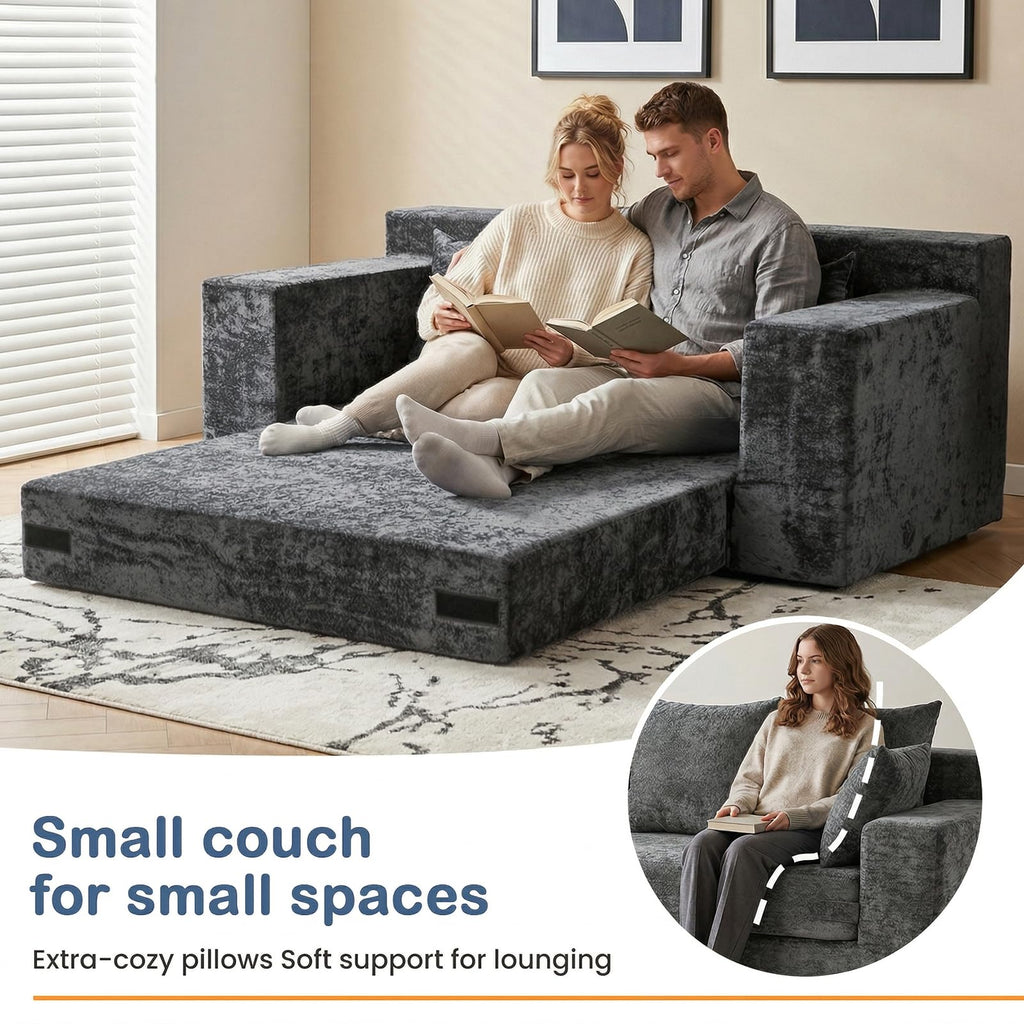 55" Small Boneless Couch, 3-in-1 Boneless Loveseat Sleeper Sofa Bed Convertible Sofa Bed with 4 Pillows, Black Corduroy Boneless Couch for Living Room, Guest Room, Small Space, No Assembly Required