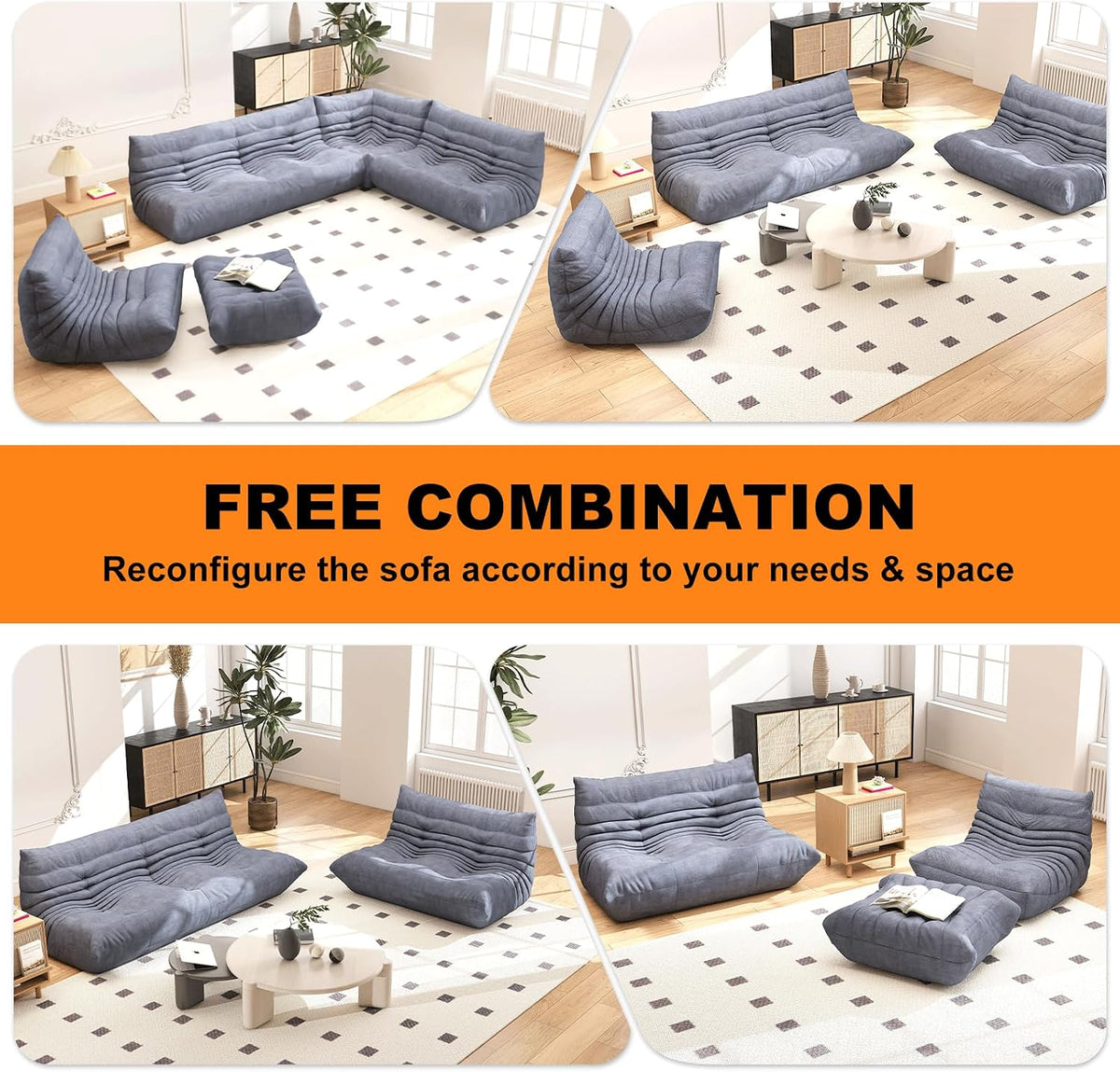 Full Foam 3-Seater Sofa, Bean Bag Floor Couch for Adults, Waterproof Fabric