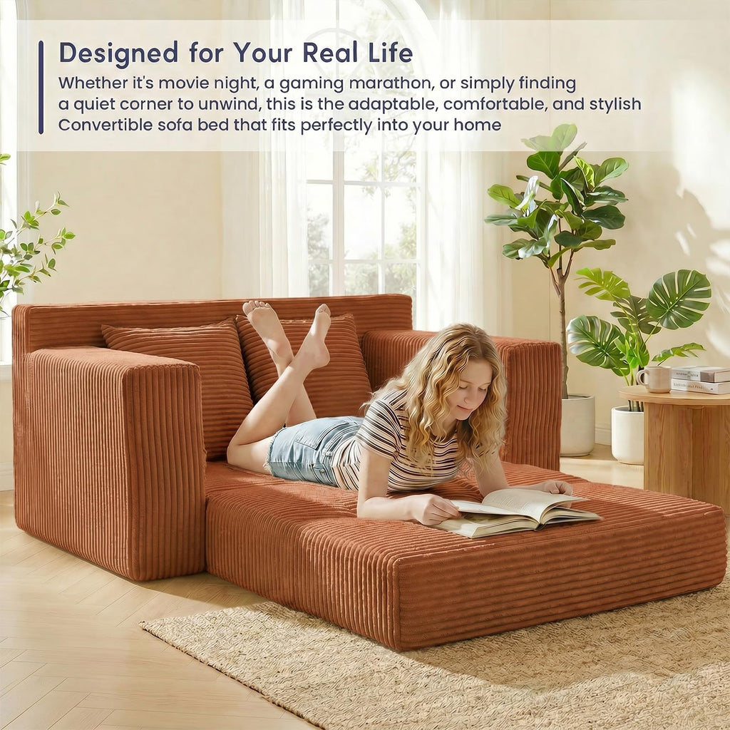 cidludto Convertible Sofa Bed, 3 in 1 Loveseat Folding Couch Bed Foldable - Chaise Lounge Chair & Floor Futon Sofa, Corduroy Pull Out Sofa Bed with 4 Pillows for Living Room, Beige