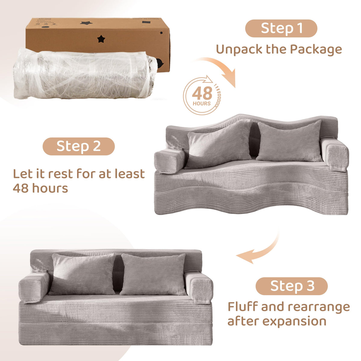 BYBYME Convertible Sofa Bed, 6â Thick 3-Folding Floor Sofa, 53â Loveseat