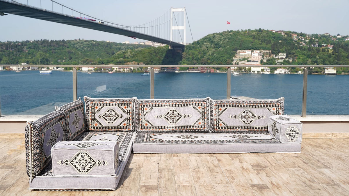 Gray L Shaped Pallet Cushions, Arabic Floor Sofa Set, Oriental Floor Seating, Sectional Floor Cushion, Indoor Floor Pillows, Arabic Majlis Set, Sofa Bed (U Sofa + Rug + Ottoman, 8'' Thickness (20 cm))