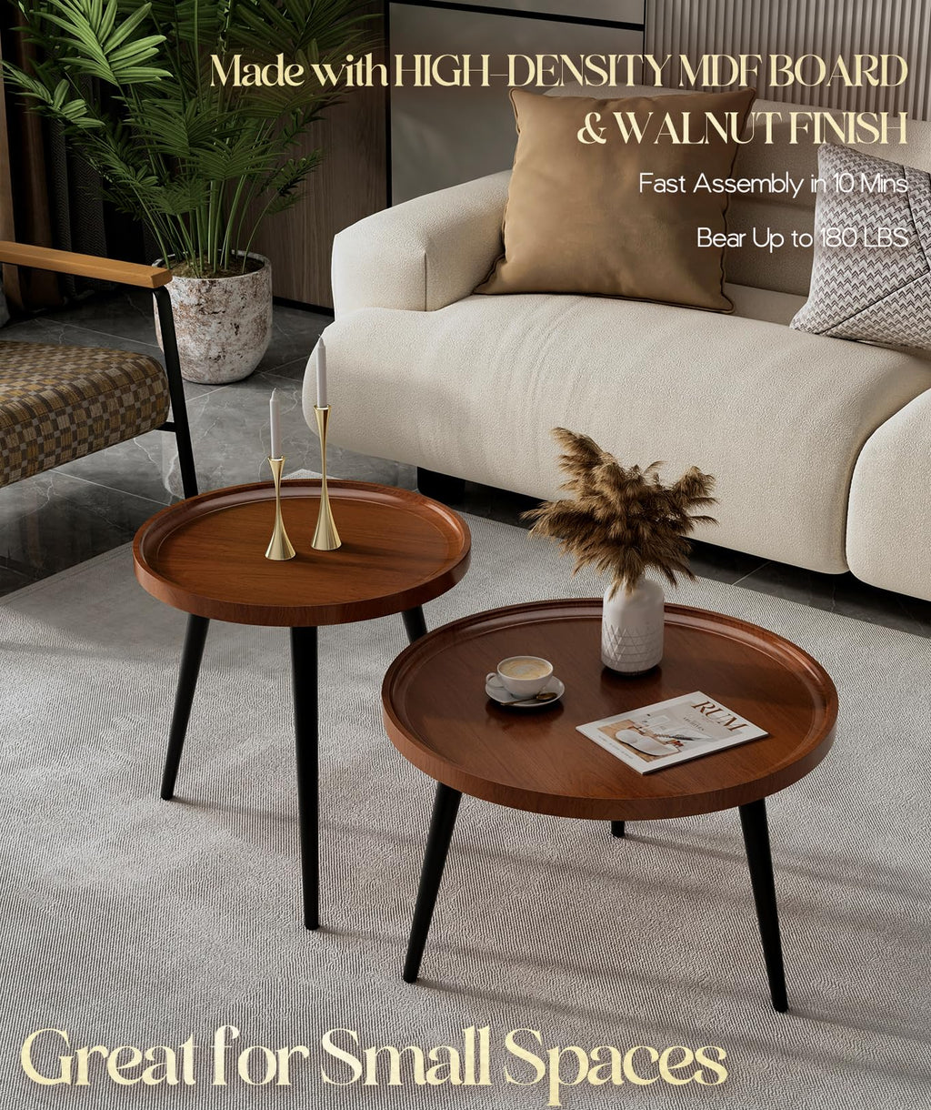 2 Pcs Small Oval Coffee Table,31.5" Retro Walnut Coffee Tables Nesting Tables Set,Easy Assembly Mid Century Modern Coffee Tables for Living Room Office,Coffee Table and End Table Sets