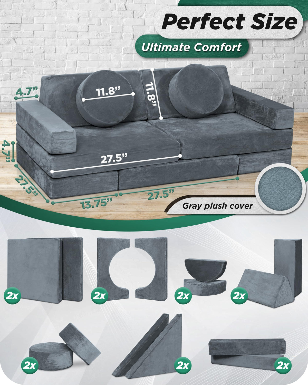 Lunix Modular Kids Play Couch, 14-Piece Fort Building & Climbing Foam Set