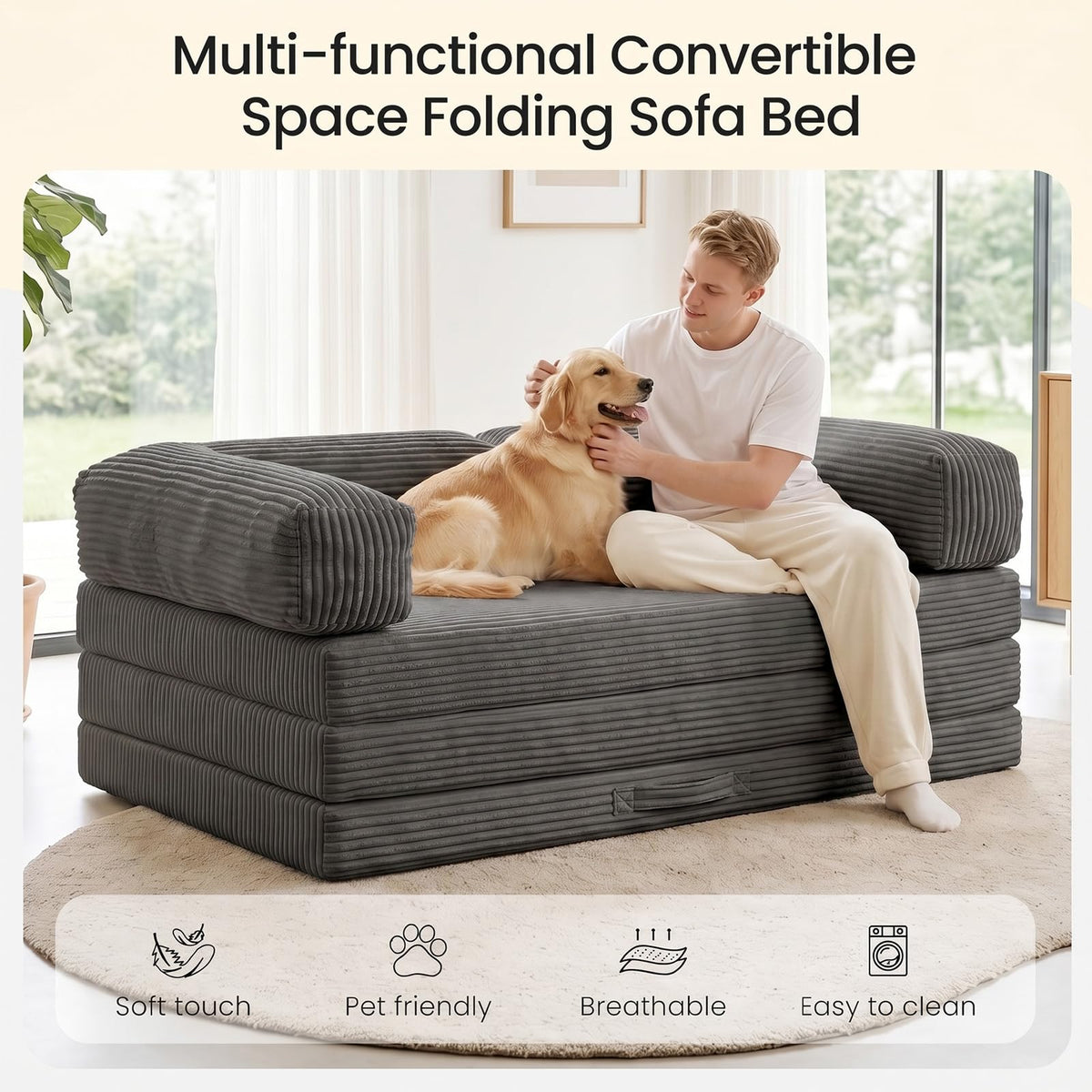 Erament Futon Sofa Bed Queen, Convertible Tri Folding Mattress Foldable with Removable Armrests & Washable Cover, 5-Inch Floor Mattress with High-Density Foam, Small Pull Out Couch Bed, Beige
