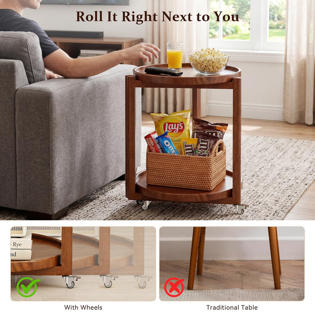 Taitiy Rolling Side Table with Wheels, Small Solid Wood Round End Table